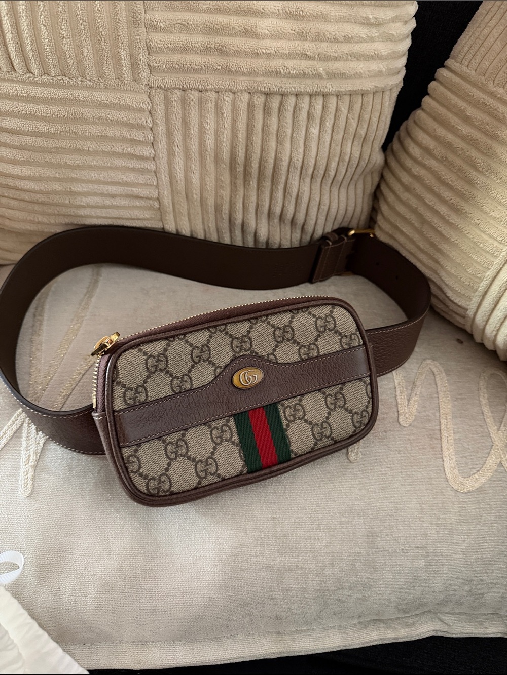 Gucci Brown GG Supreme Belt Bag with Green and Red Stripe